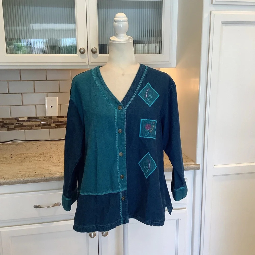Vintage Amica Shirt Boho Embroidery Denim Button Up Blue Size Large